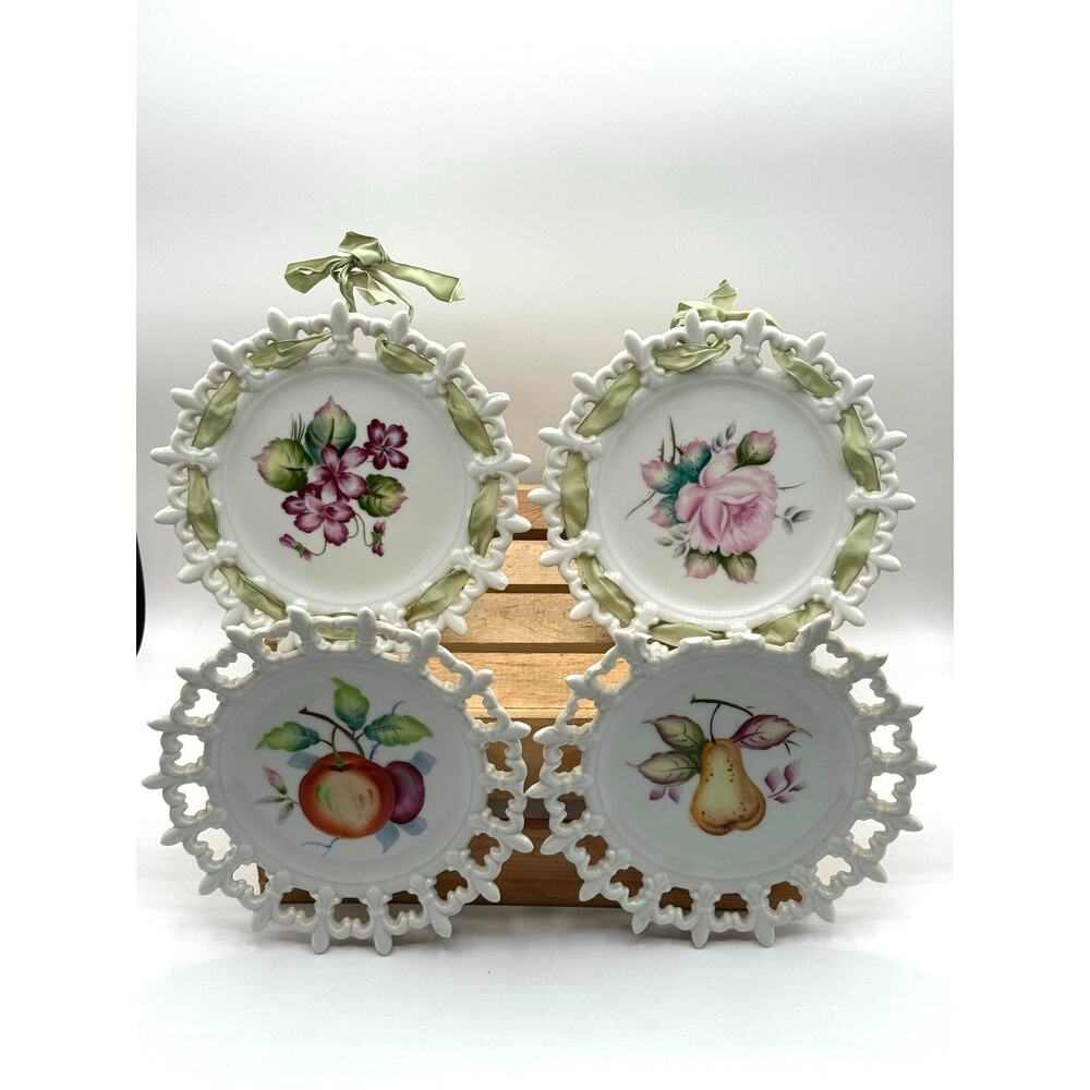Vintage Lefton China Hand Painted Ribbon Plates Set of 4-Floral & Fruit Motif-8"